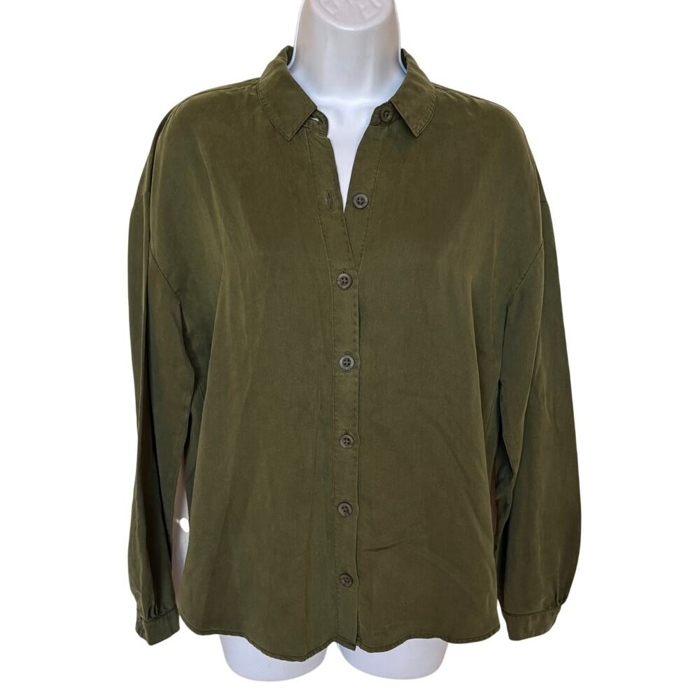 Cloth & Stone Luxe Relaxed Button Down Shirt - Olive - Lyocell - Oversize Fit Sm